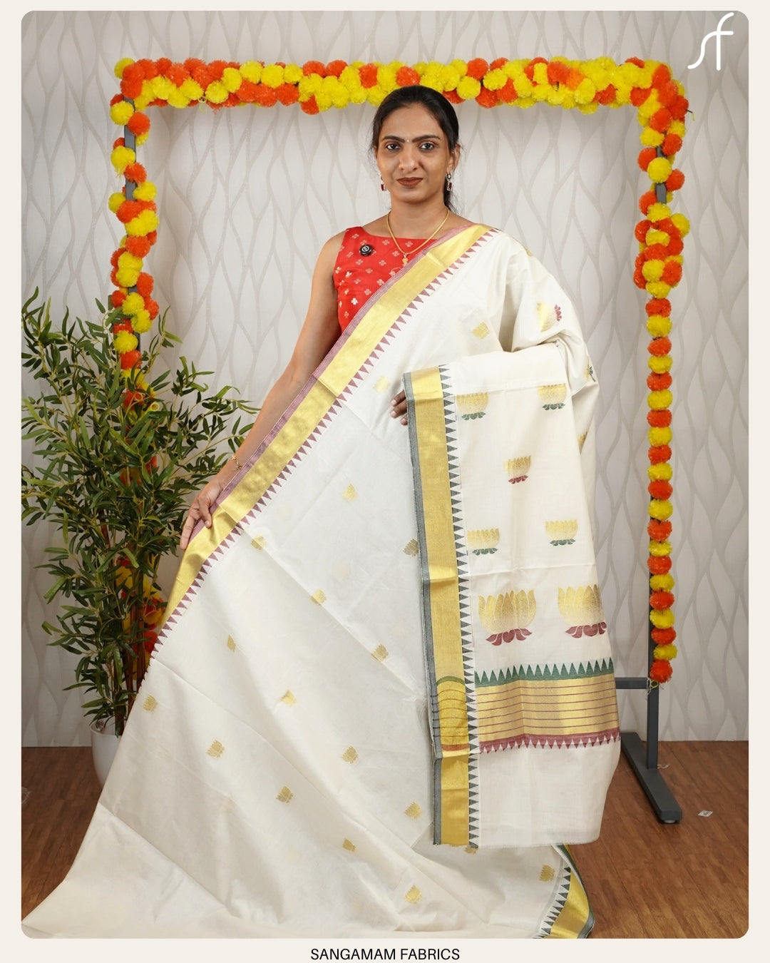 LOTUS AND TEMPLE BORDER DETAILED COTTON SET SAREE