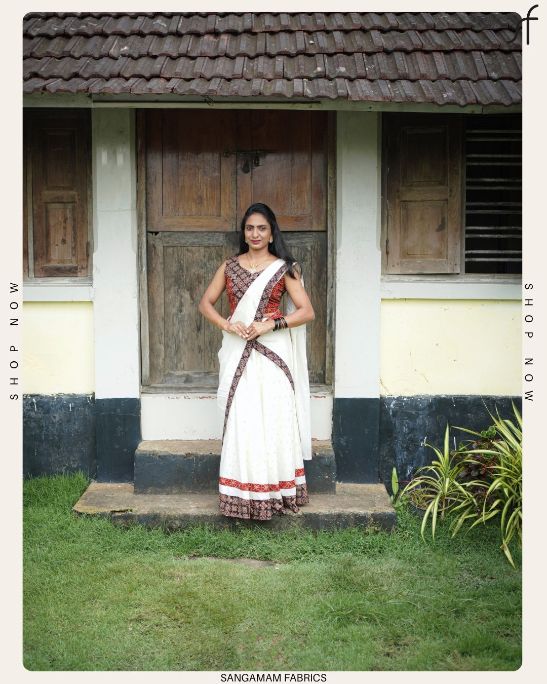 Ajrakh Detailed Top with Butta Worked Skirt – Festive Onam Look