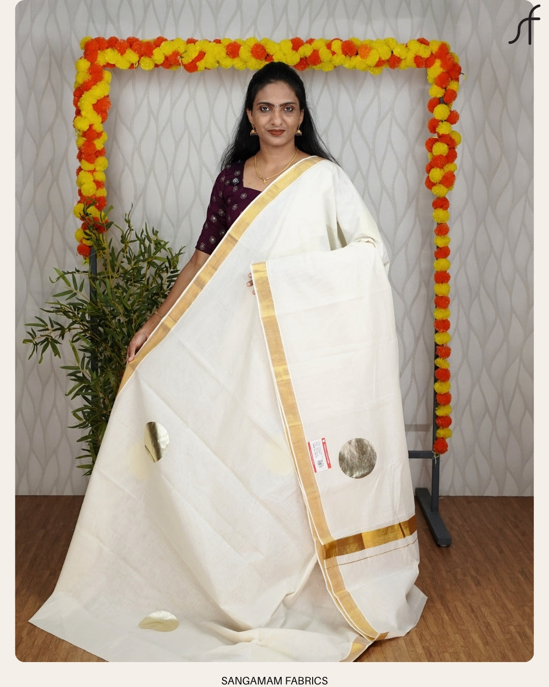 GOLDEN POLKA DOT KERALA SAREE