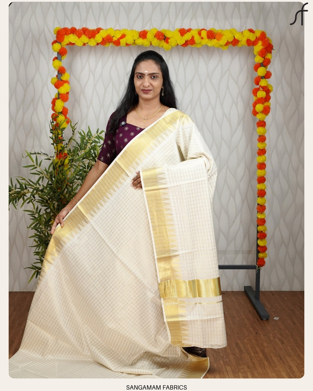 CLASSIC CHECK AND TEMPLE BORDER DETAILED SET SAREE