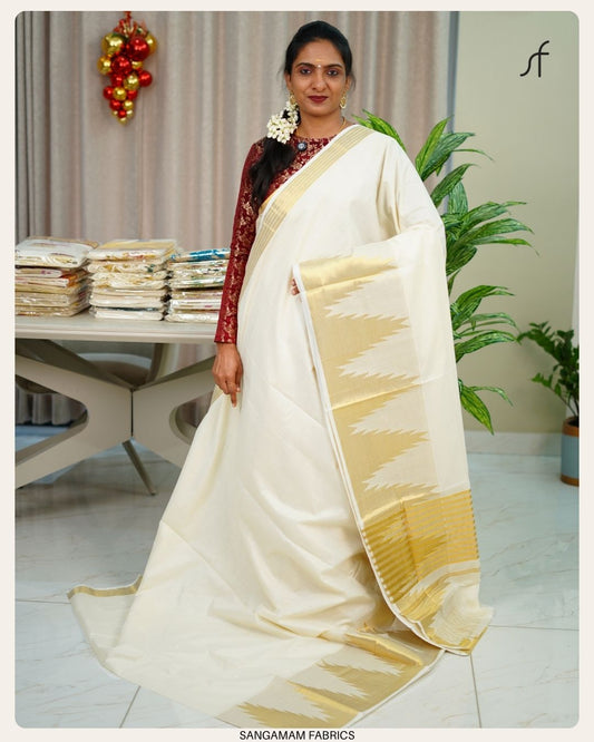 TEMPLE BORDER DETAILED KERALA COTTON SET SAREE