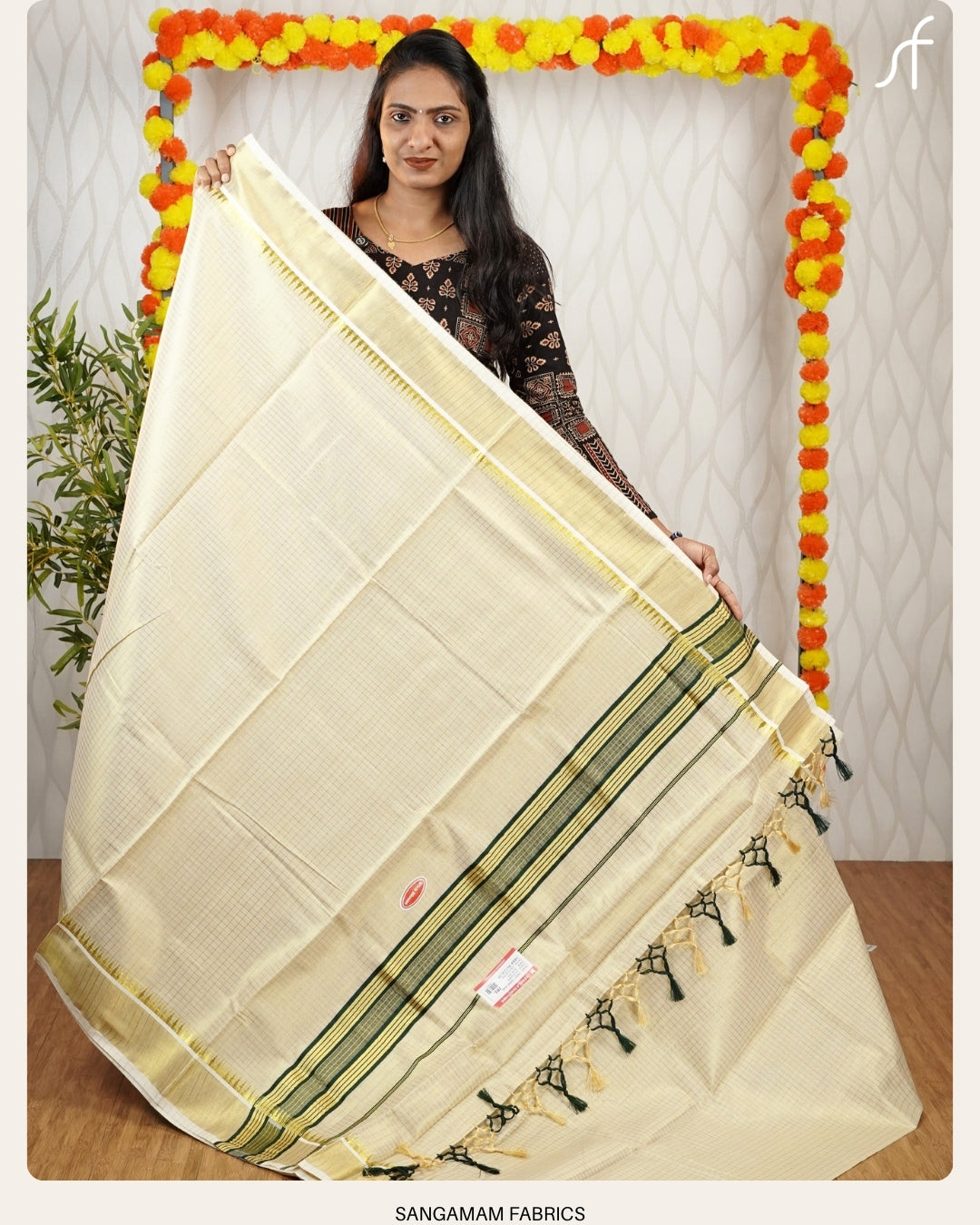 CLASSIC CHECK AND TEMPLE BORDER DETAILED TISSUE SET SAREE