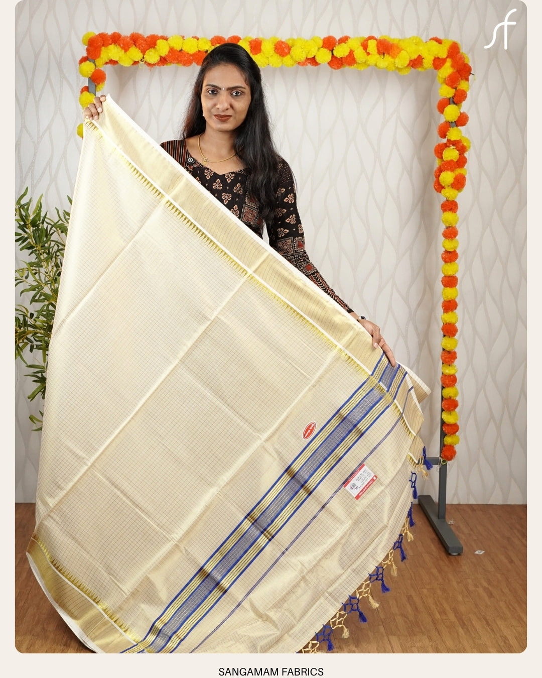 CLASSIC CHECK AND TEMPLE BORDER DETAILED TISSUE SET SAREE