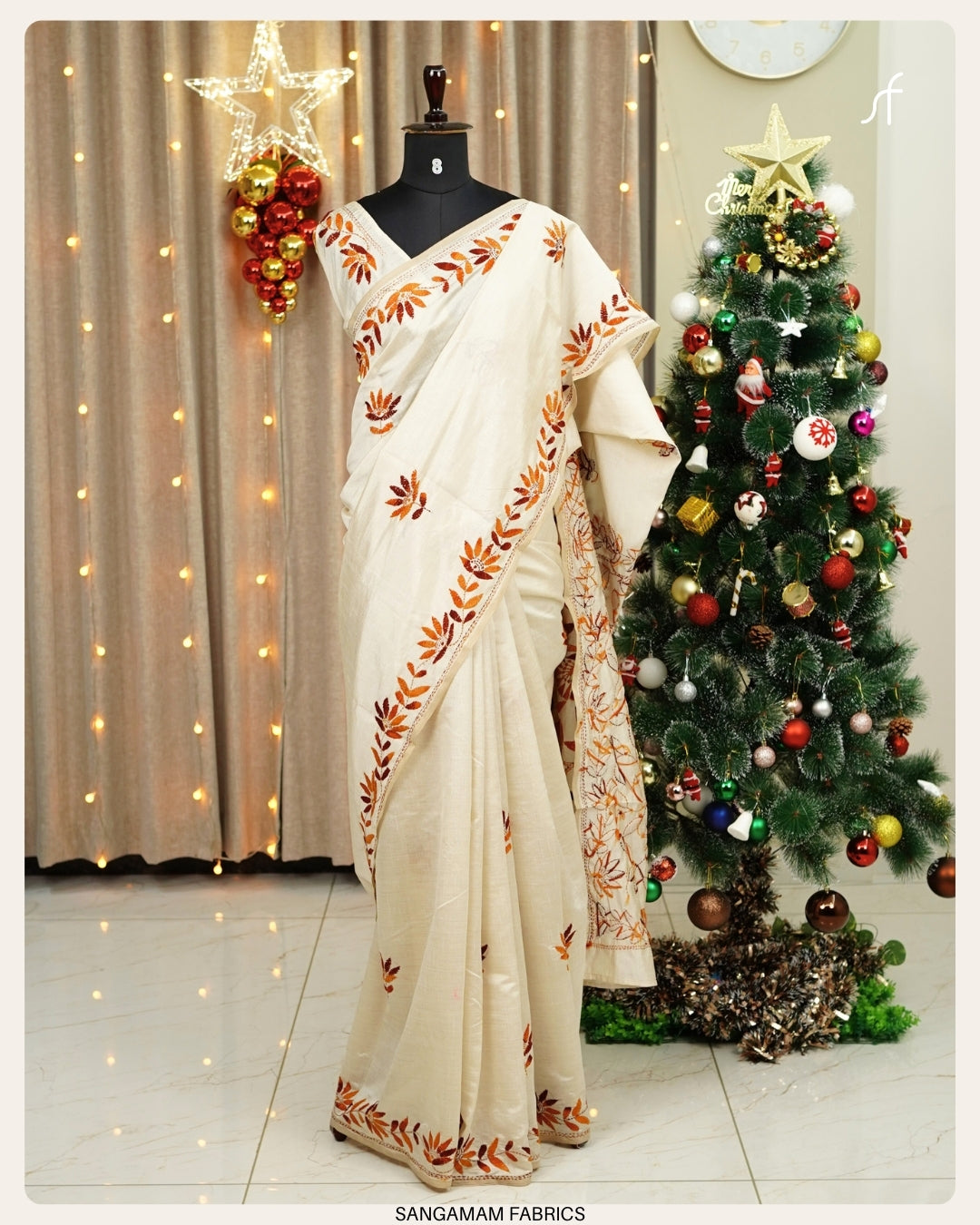 FLORAL EMBROIDERY SEMI TUSSAR SILK SAREE