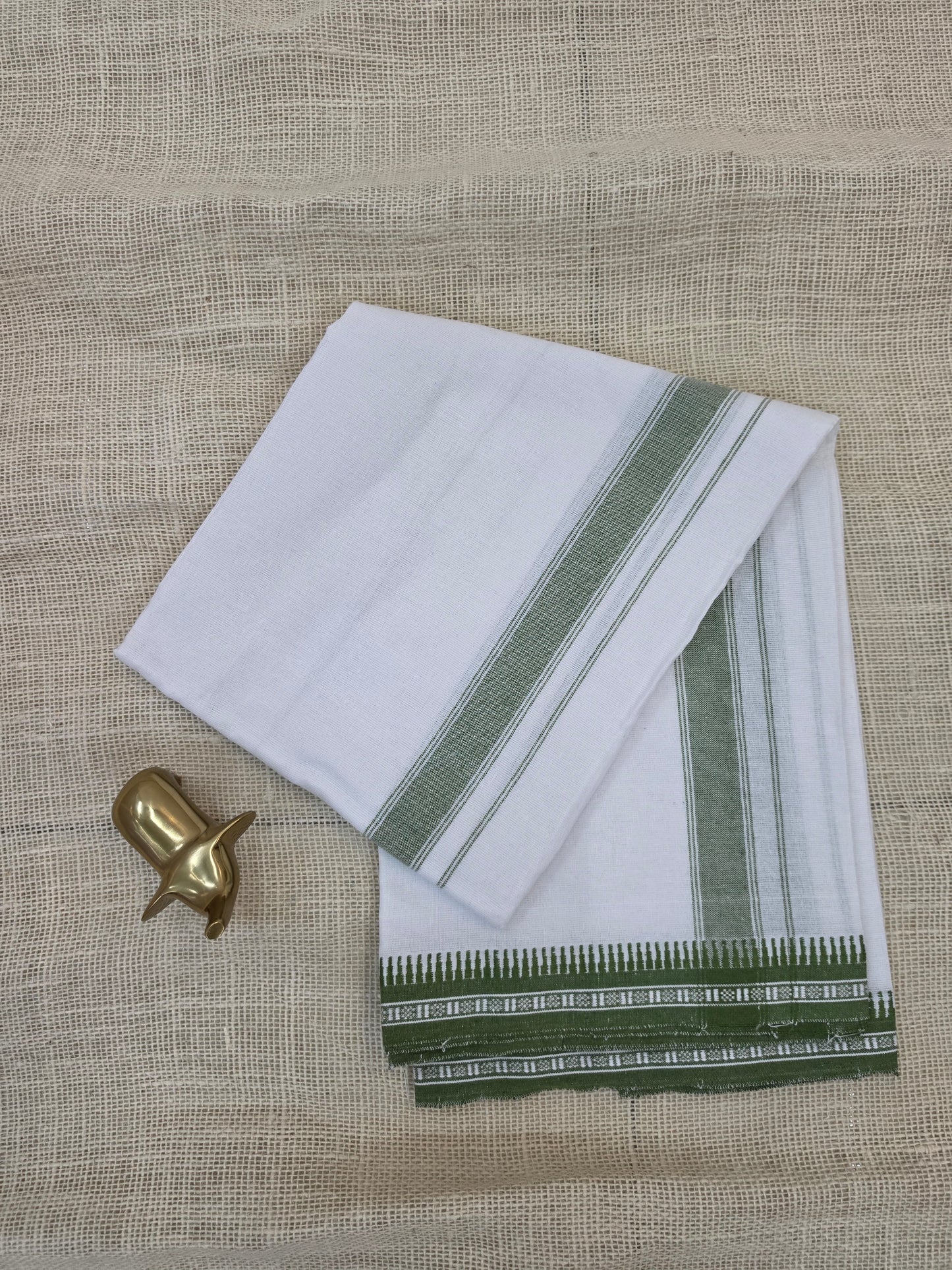WHITE KUPPADAM OLIVE GREEN BORDER SINGLE