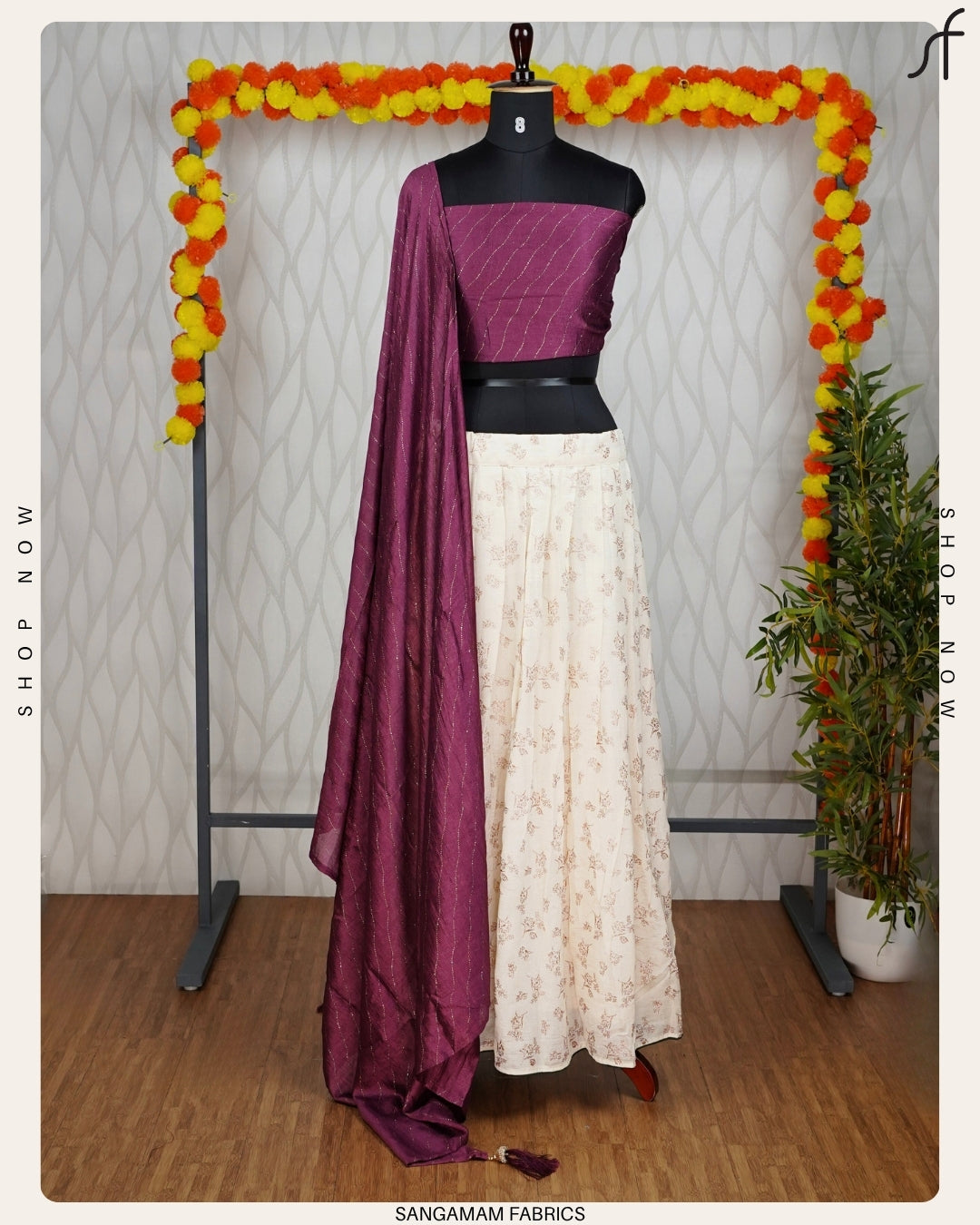 "Royal Drapes – Classic Dhavani with Floral Skirt"