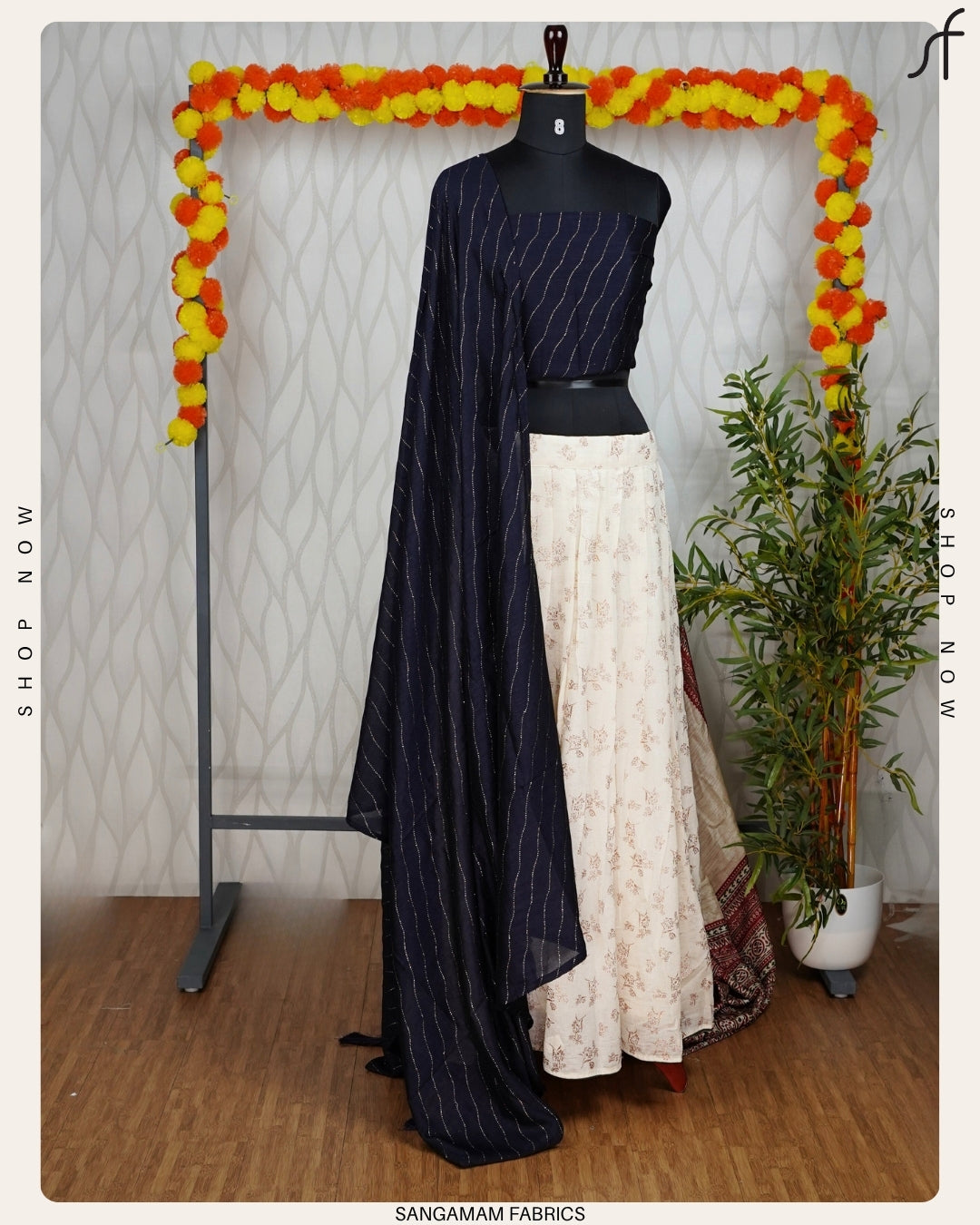 "Royal Drapes – Classic Dhavani with Floral Skirt"