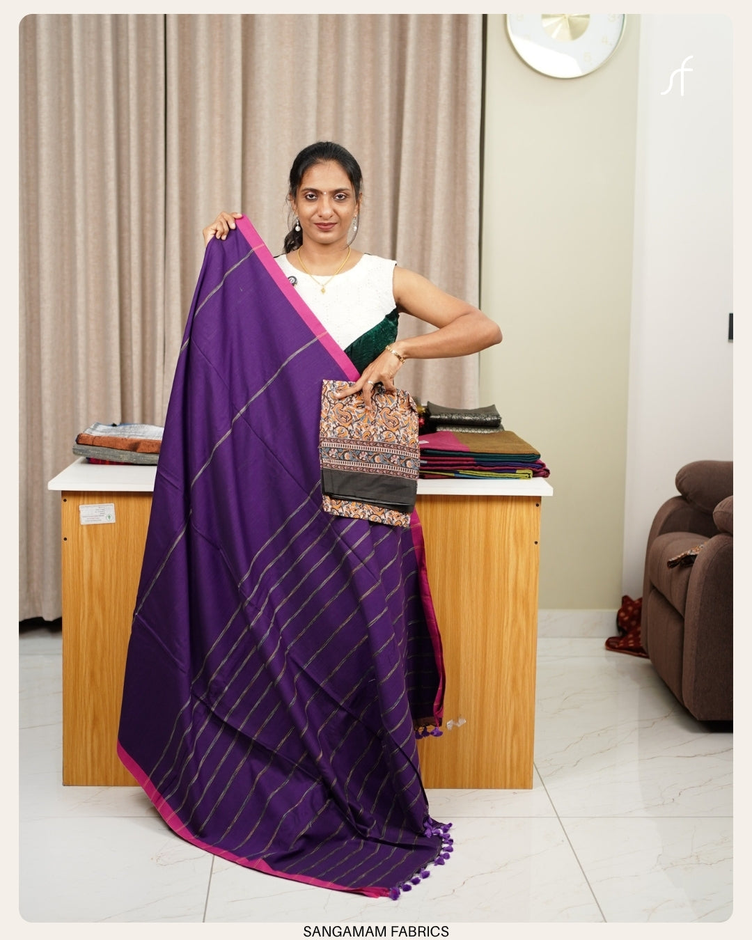 STRIPE DETAILED SOFT KHADHI COTTON SAREE PRINTED BLOUSE PIECE