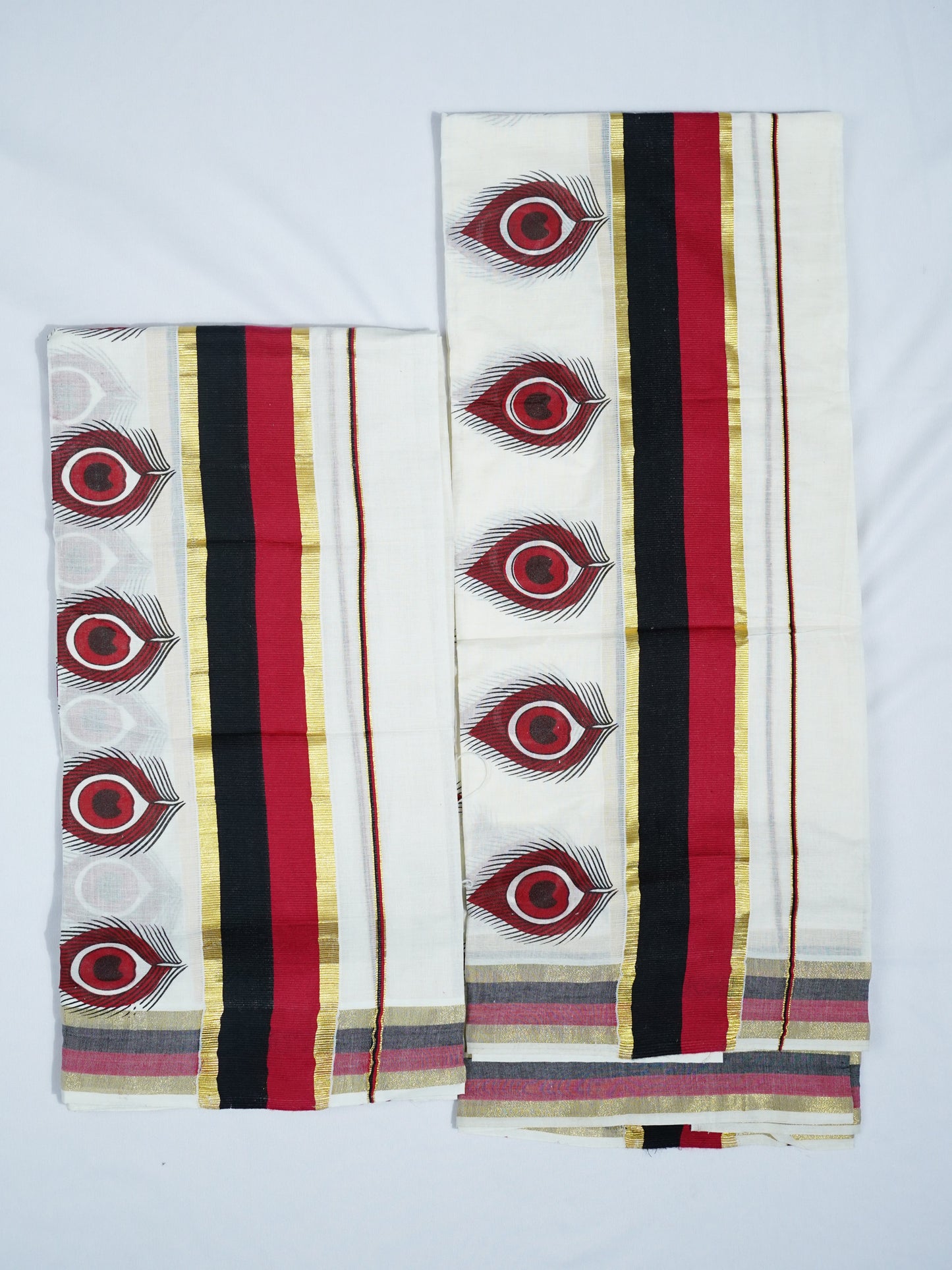 KERALA GOLDEN KASAV AND MULTI COLOUR KARA WITH PEELI PRINT SETMUNDU 2.50 Meter