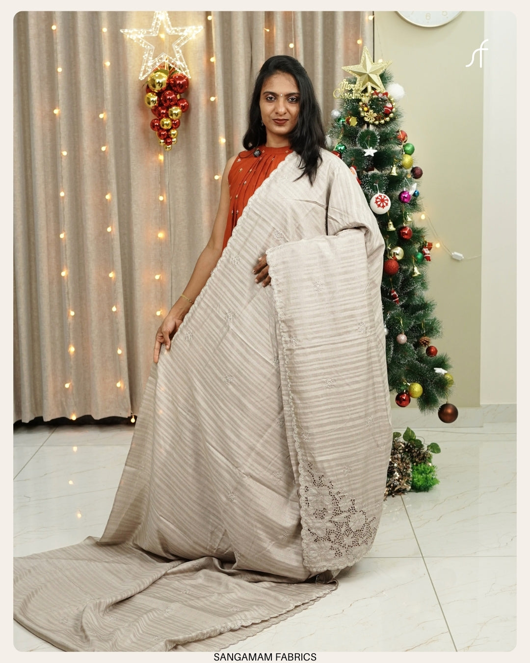 SEMI TUSSAR SILK EMBROIDERY CUTWORK DETAILED SAREE