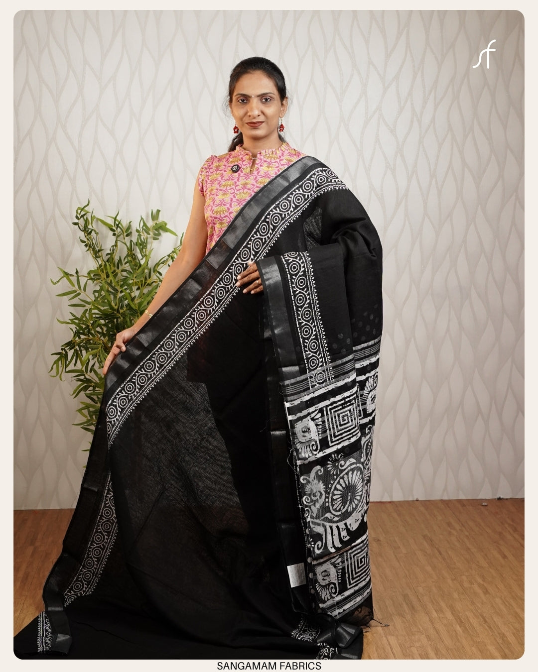 BLOCK PRINTED SEMI LINEN SAREE