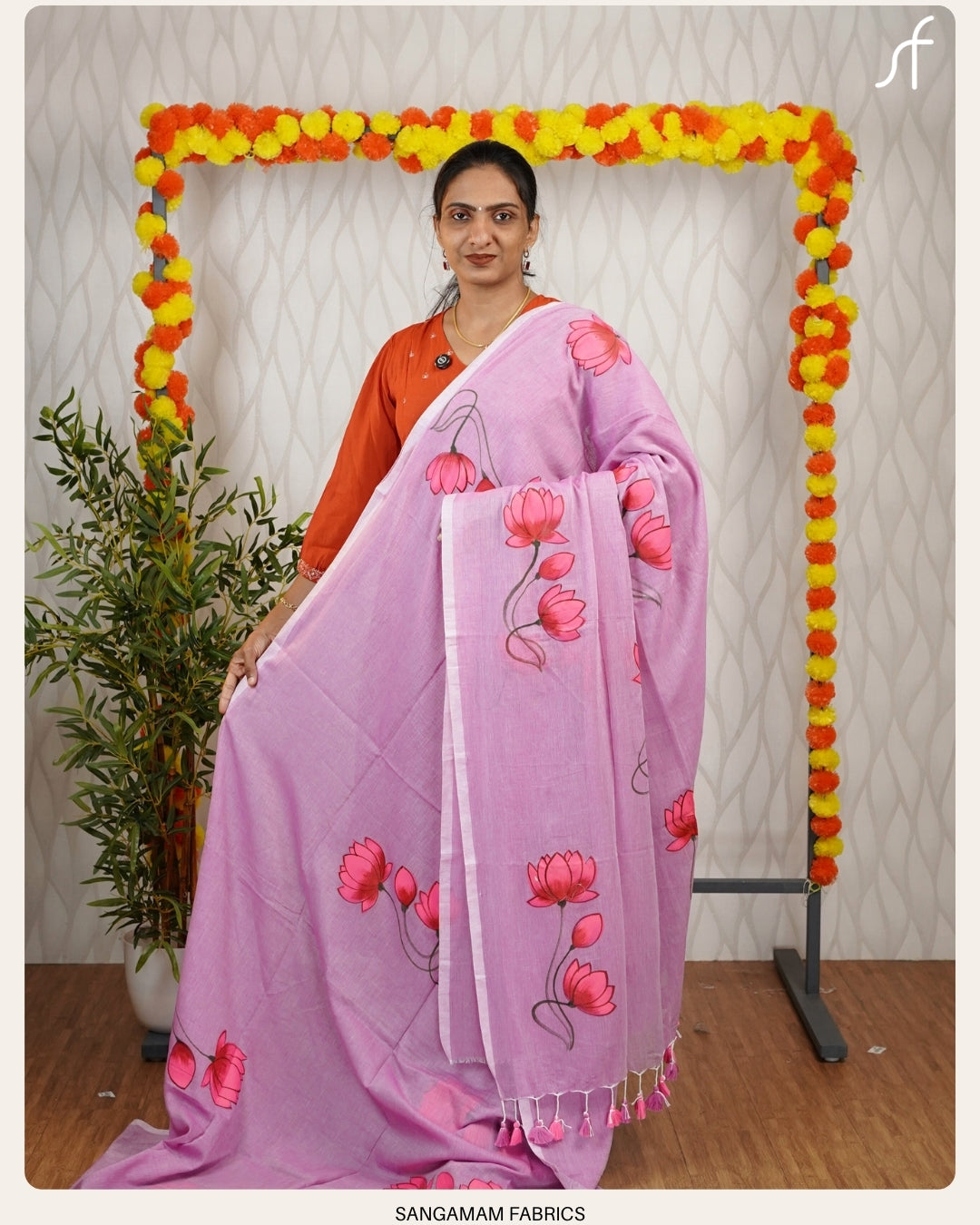 LOTUS MOTIF HAND PAINTED MUL COTTON SAREE