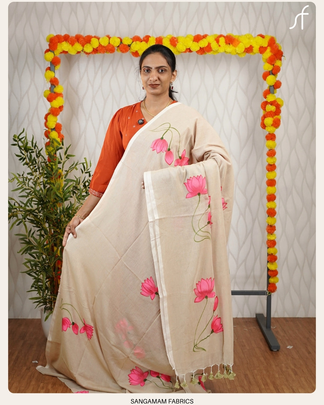 LOTUS MOTIF HAND PAINTED MUL COTTON SAREE