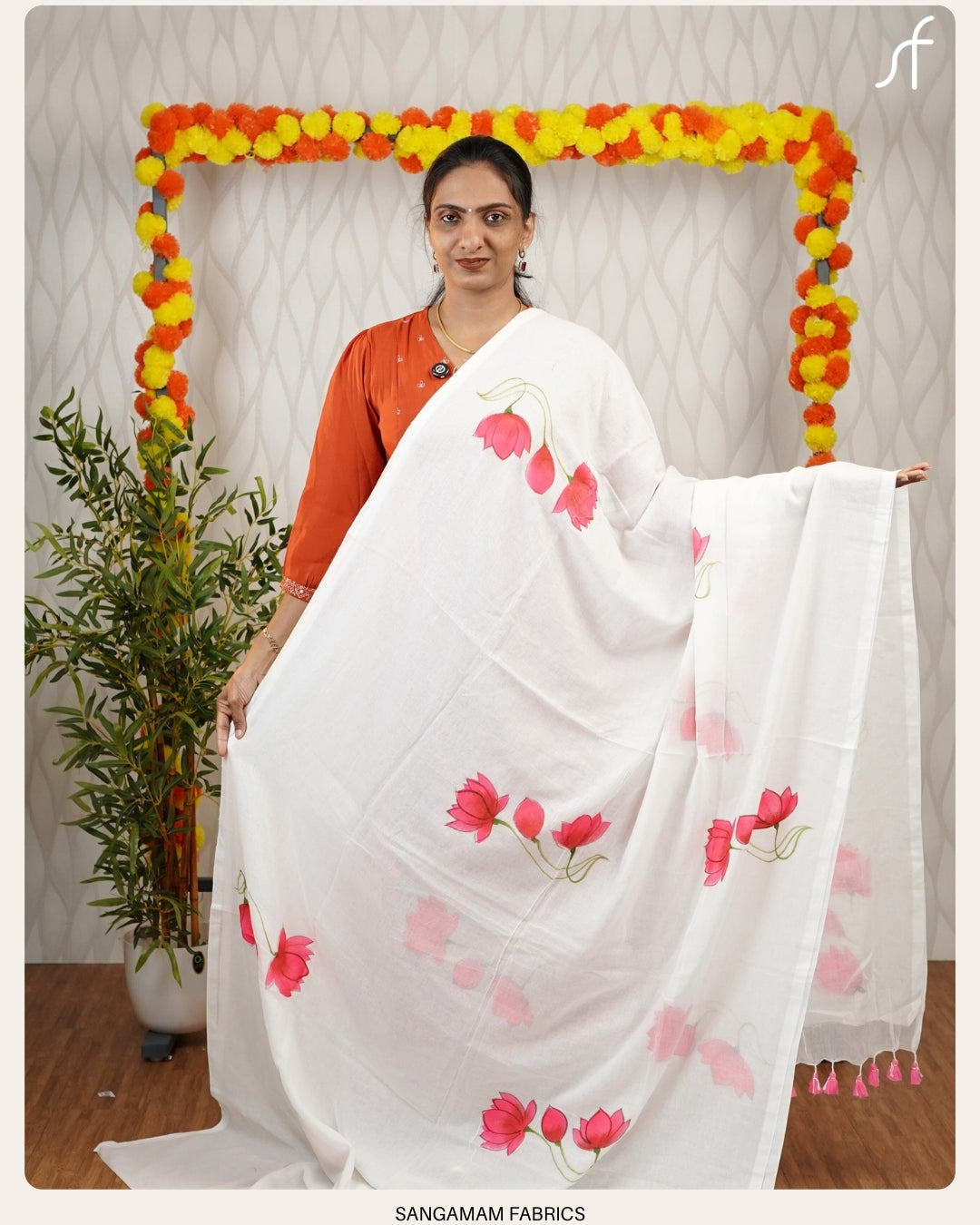 LOTUS MOTIF HAND PAINTED MUL COTTON SAREE
