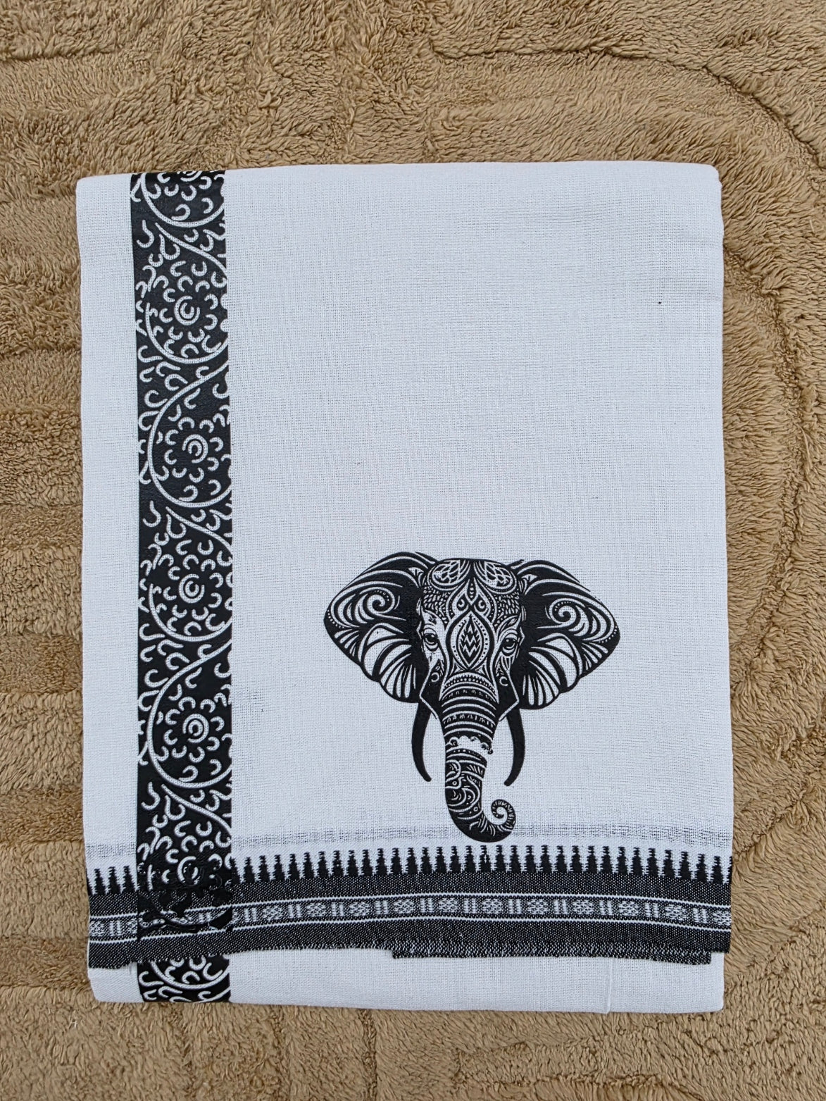 ELEPHANT PRINTED KARA WHITE COTTON MUNDU