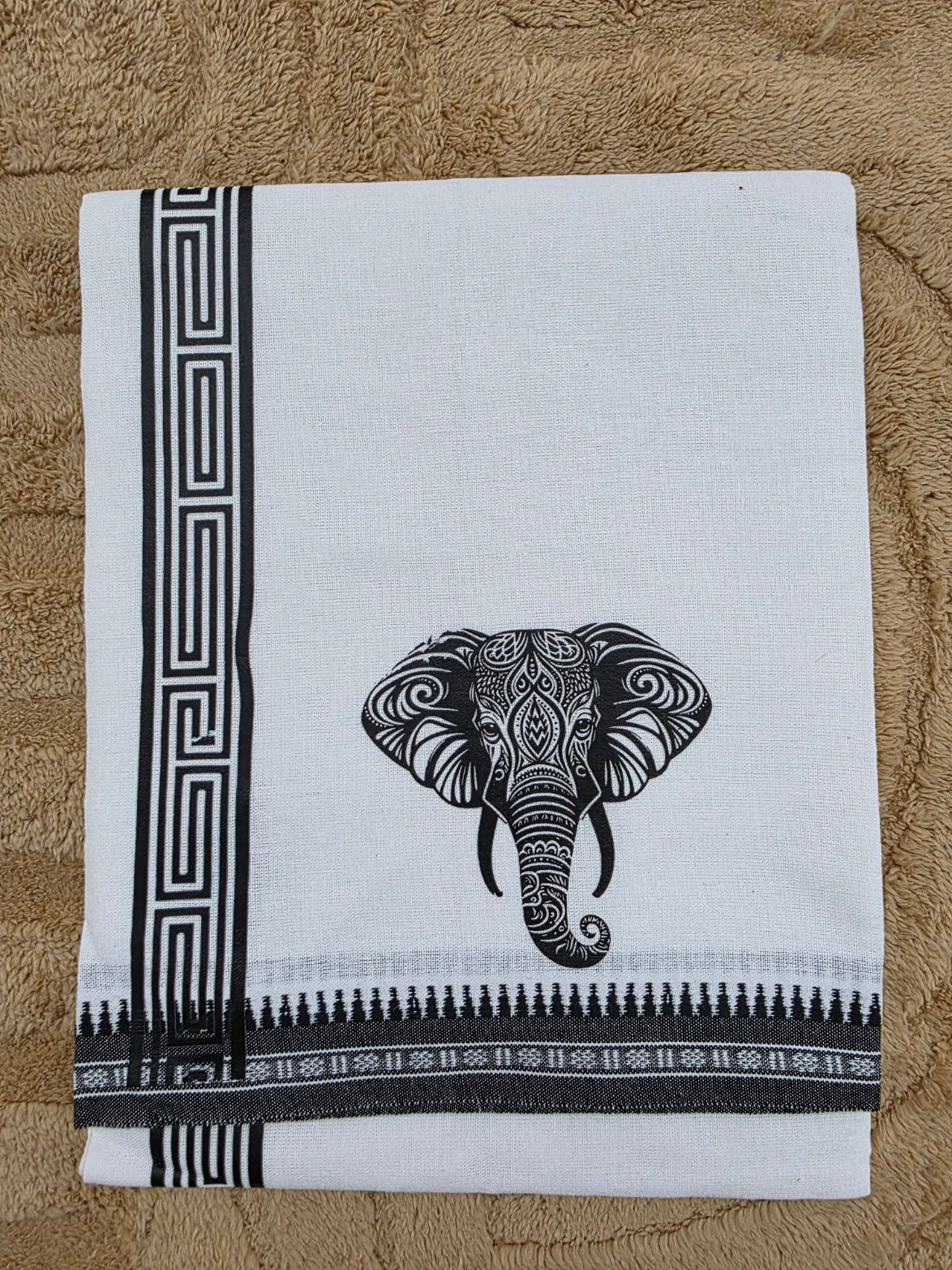 ELEPHANT PRINTED KARA WHITE COTTON MUNDU