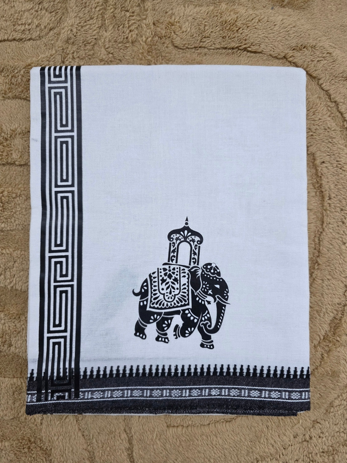ELEPHANT PRINTED KARA WHITE COTTON MUNDU