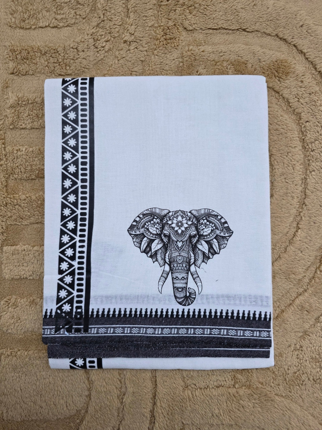 ELEPHANT PRINTED KARA WHITE COTTON MUNDU