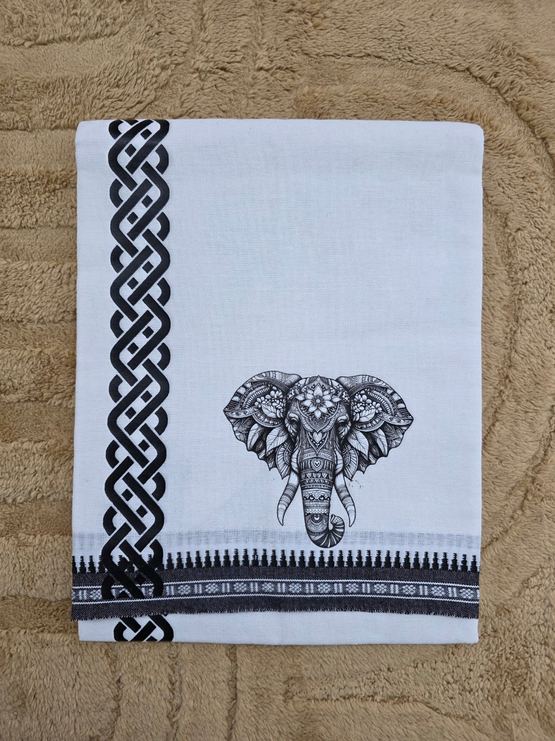 ELEPHANT PRINTED KARA WHITE COTTON MUNDU