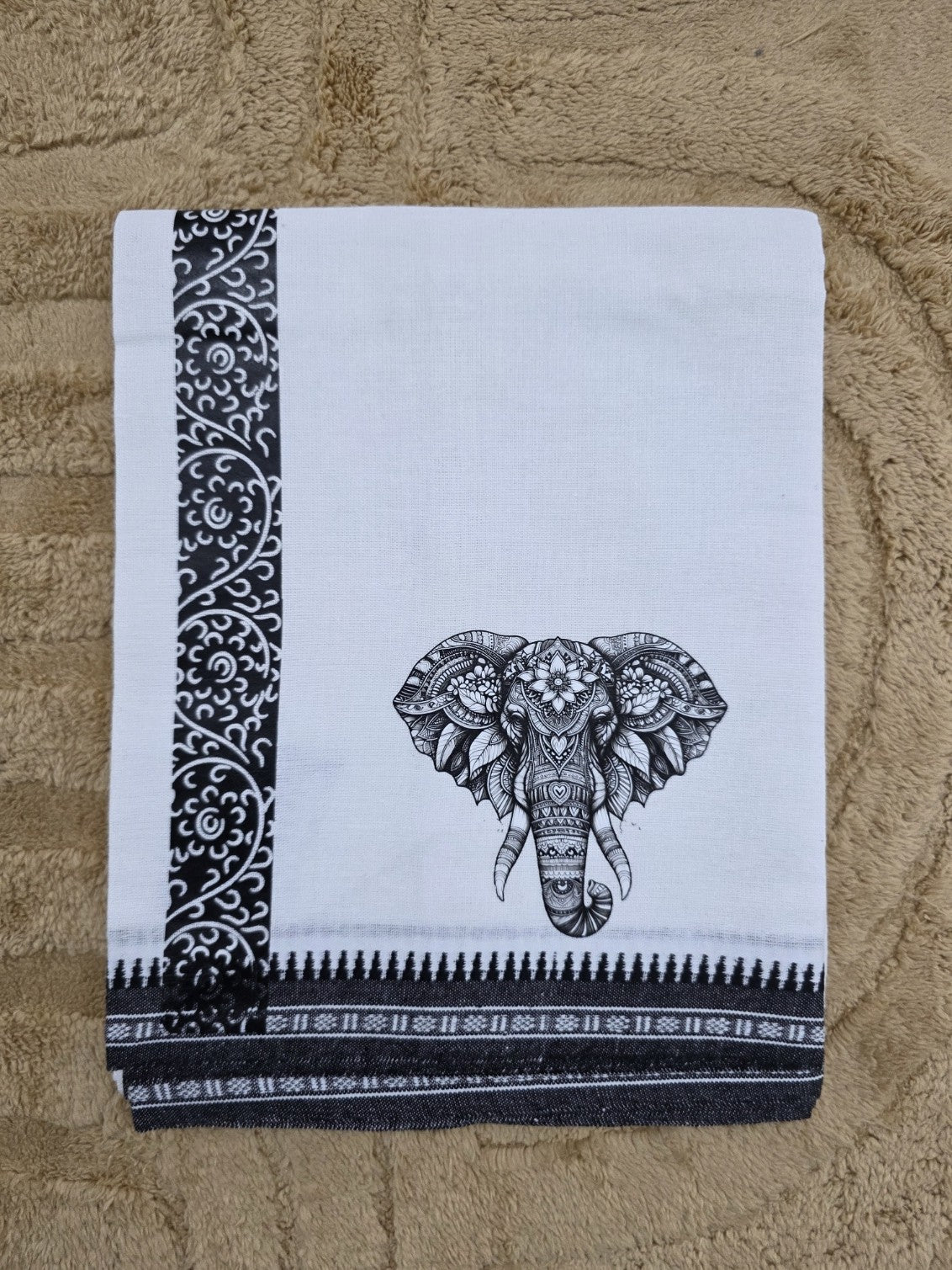 ELEPHANT PRINTED KARA WHITE COTTON MUNDU