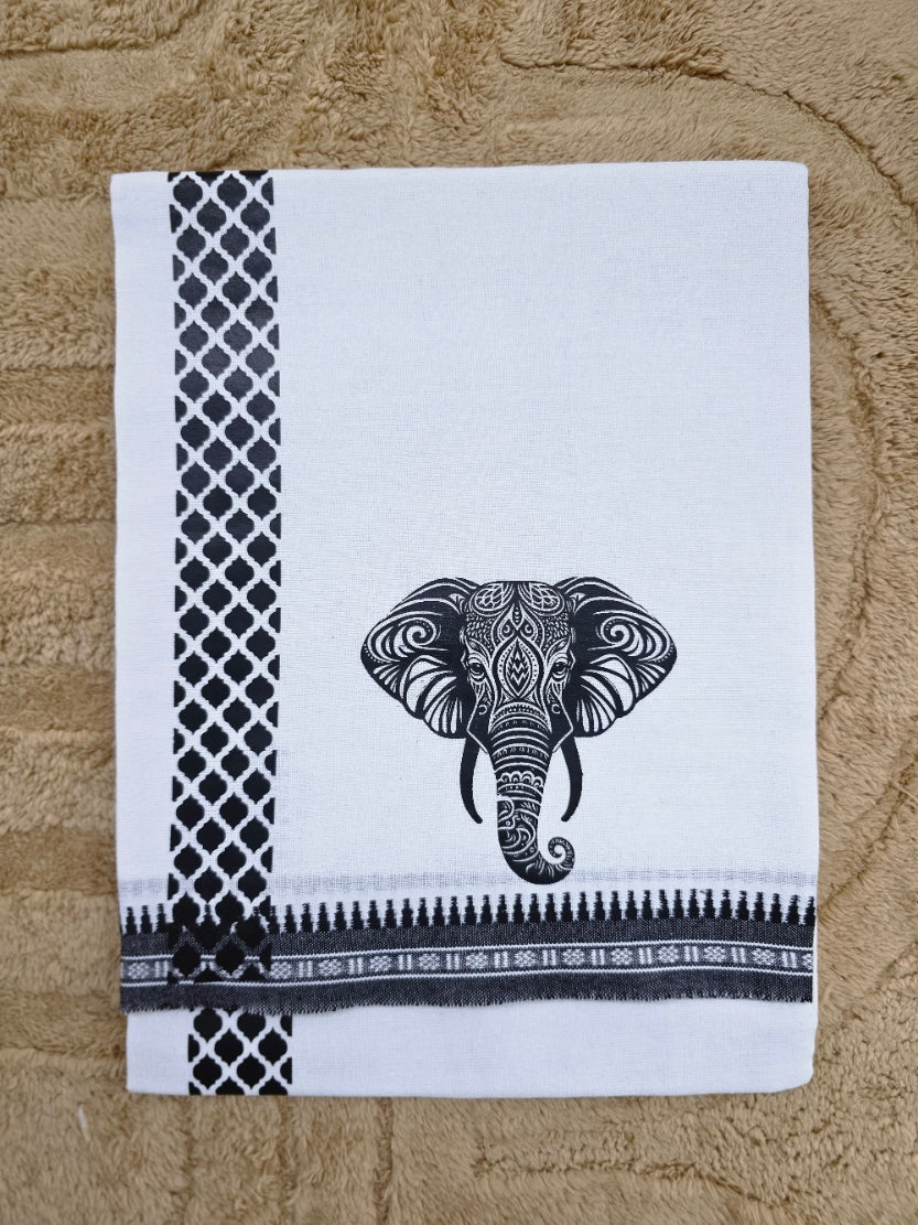 ELEPHANT PRINTED KARA WHITE COTTON MUNDU