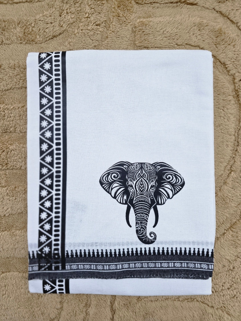 ELEPHANT PRINTED KARA WHITE COTTON MUNDU