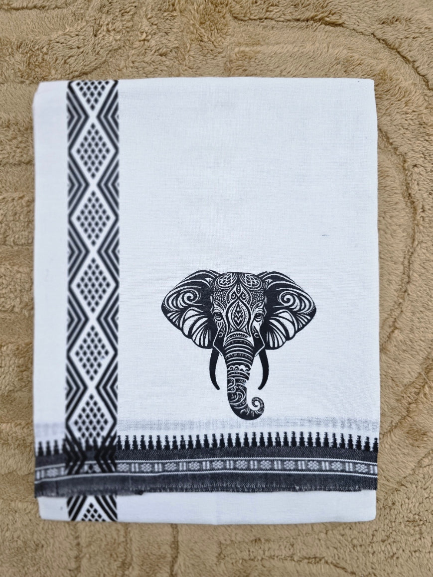 ELEPHANT PRINTED KARA WHITE COTTON MUNDU