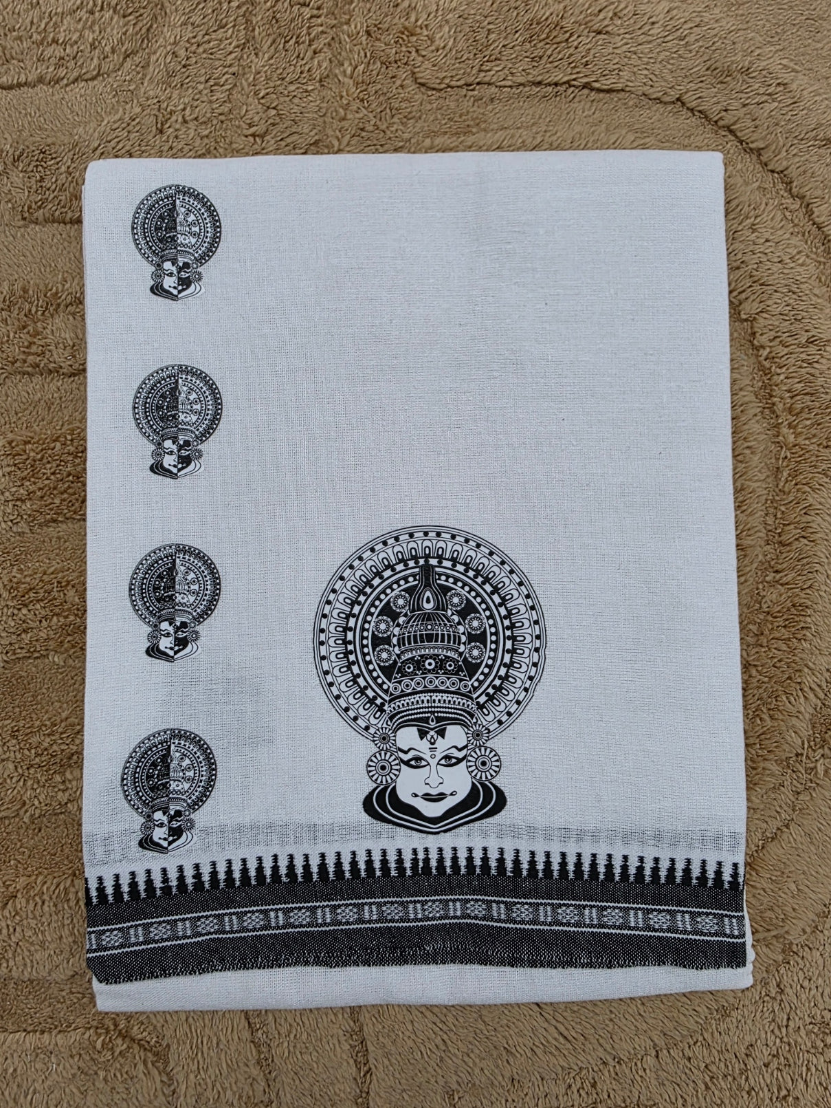 KATHAKALI PRINTED KARA WHITE COTTON MUNDU