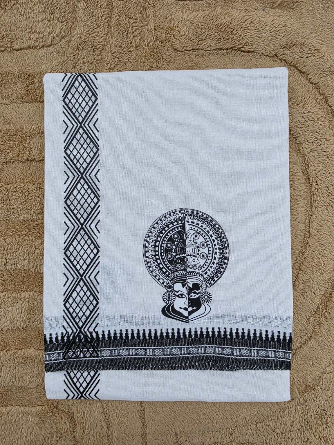 KATHAKALI PRINTED KARA WHITE COTTON MUNDU