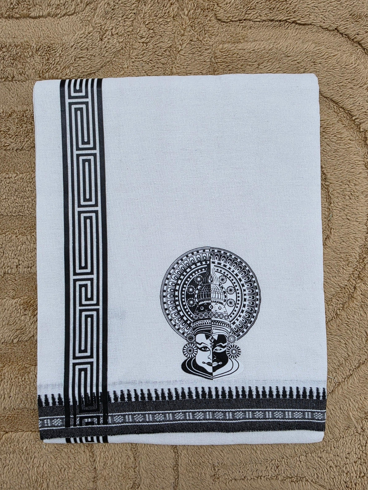 KATHAKALI PRINTED KARA WHITE COTTON MUNDU