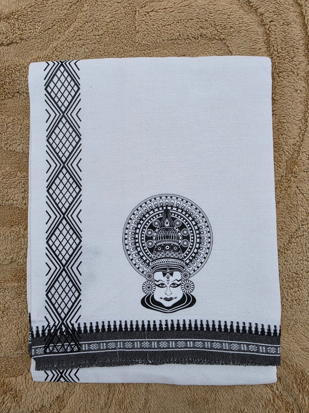 KATHAKALI PRINTED KARA WHITE COTTON MUNDU