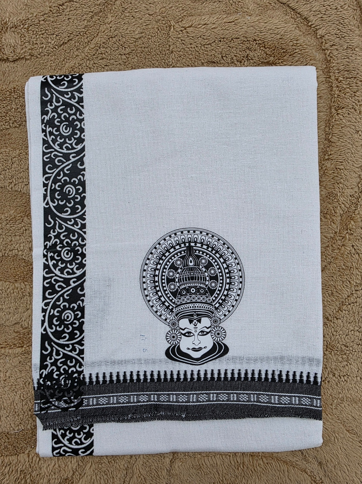 KATHAKALI PRINTED KARA WHITE COTTON MUNDU