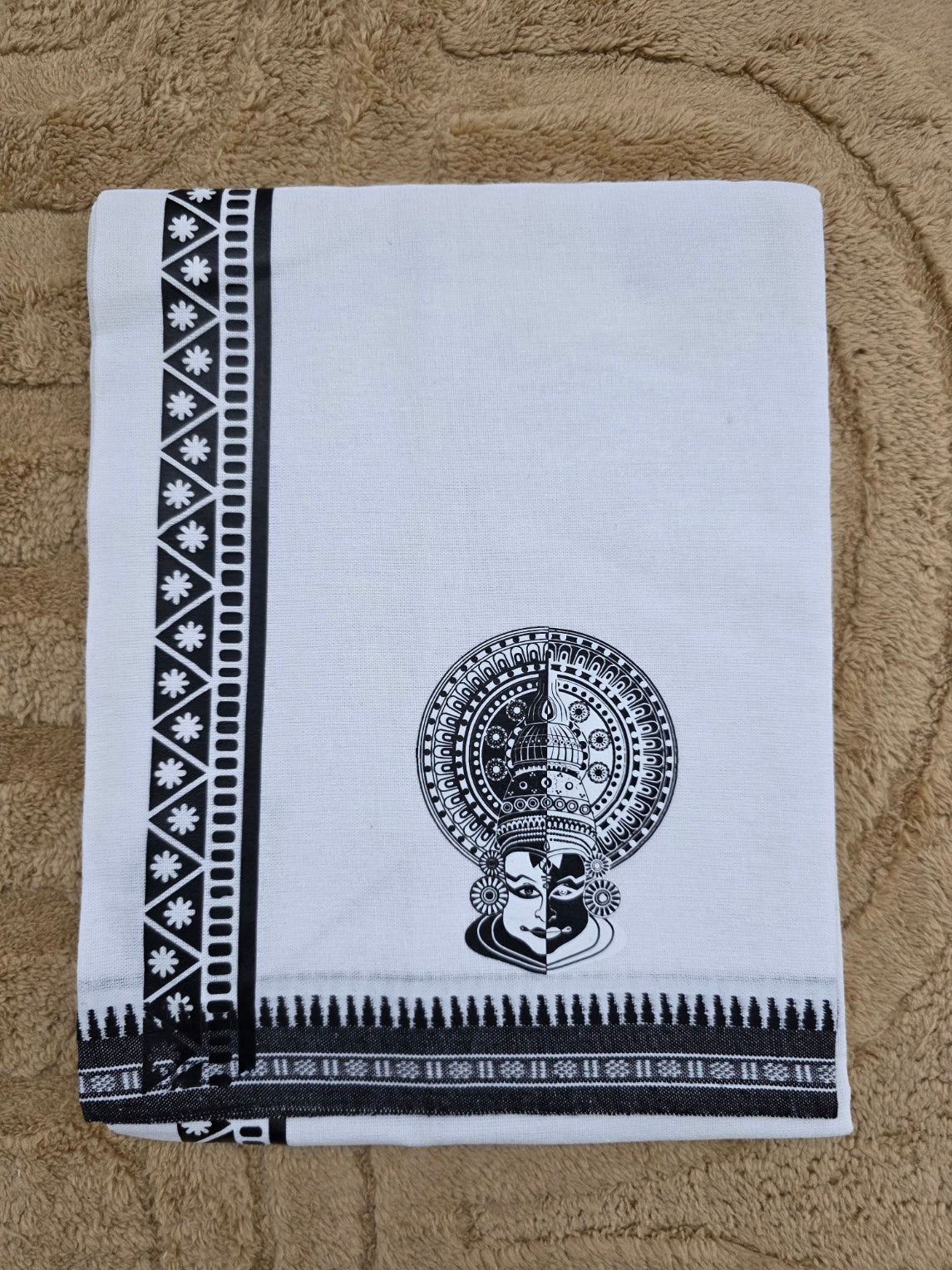 KATHAKALI PRINTED KARA WHITE COTTON MUNDU