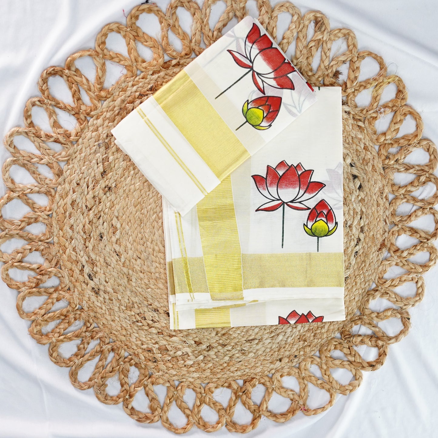 LOTUS PRINTED KERALA COTTON SET MUNDU