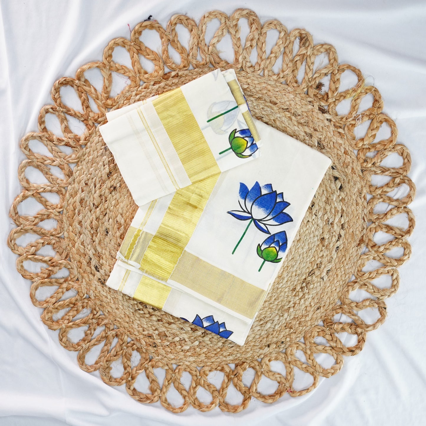 LOTUS PRINTED KERALA COTTON SET MUNDU