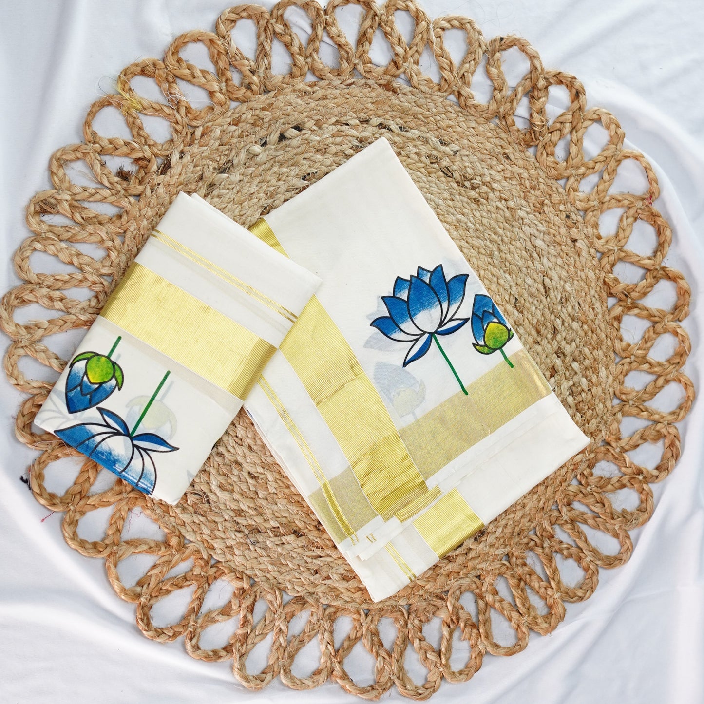 LOTUS PRINTED KERALA COTTON SET MUNDU