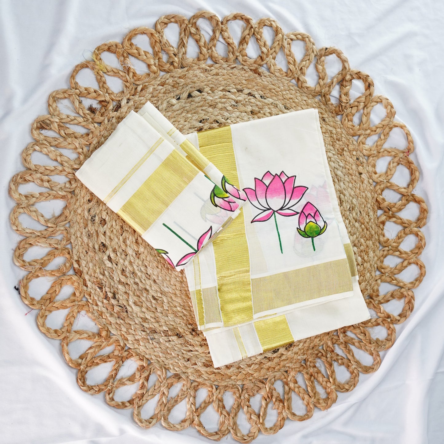 LOTUS PRINTED KERALA COTTON SET MUNDU