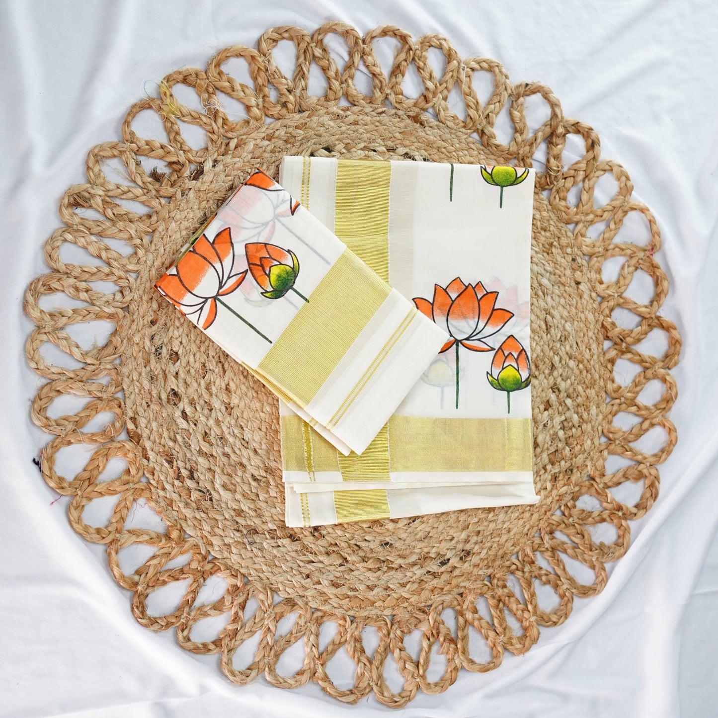 LOTUS PRINTED KERALA COTTON SET MUNDU