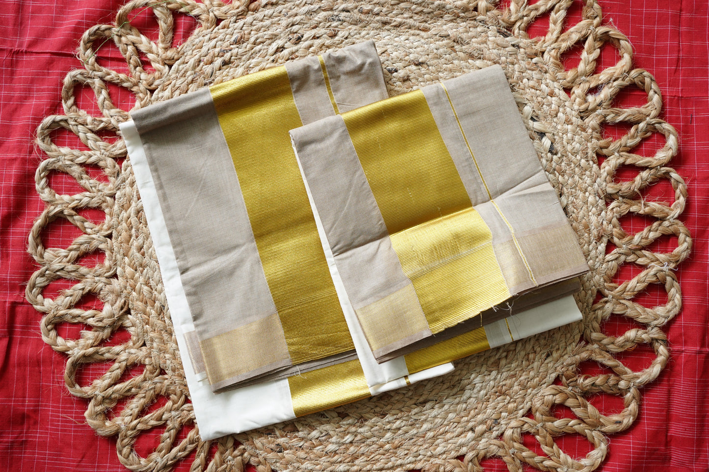 LIGHT BROWN TIE AND DYE KERALA COTTON SETMUNDU