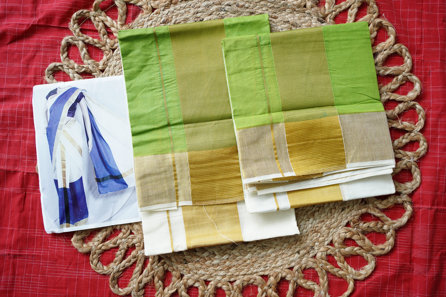 LIGHT PARROT GREEN TIE AND DYE KERALA COTTON SETMUNDU