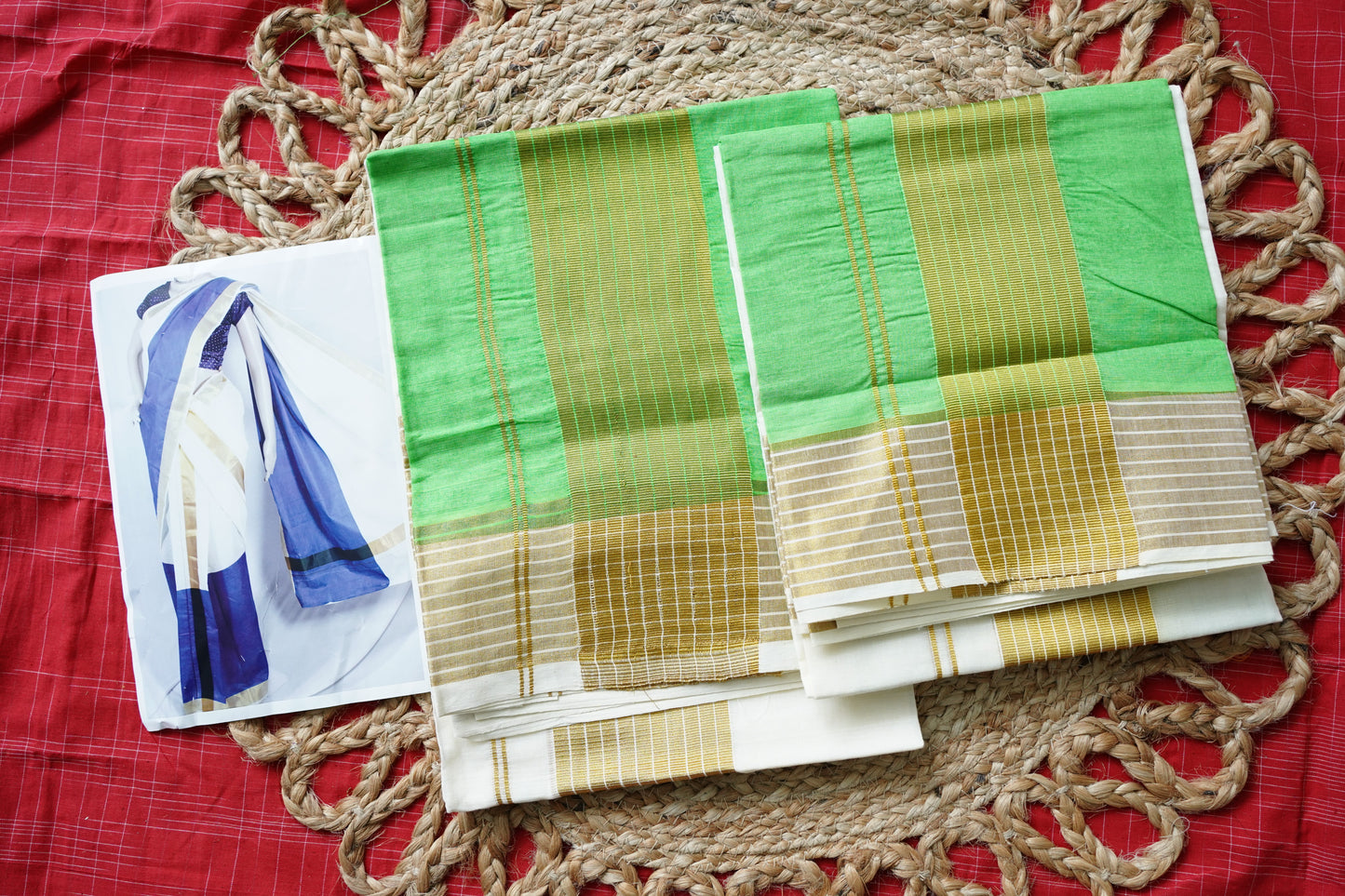 PARROT GREEN TIE AND DYE KERALA COTTON SETMUNDU