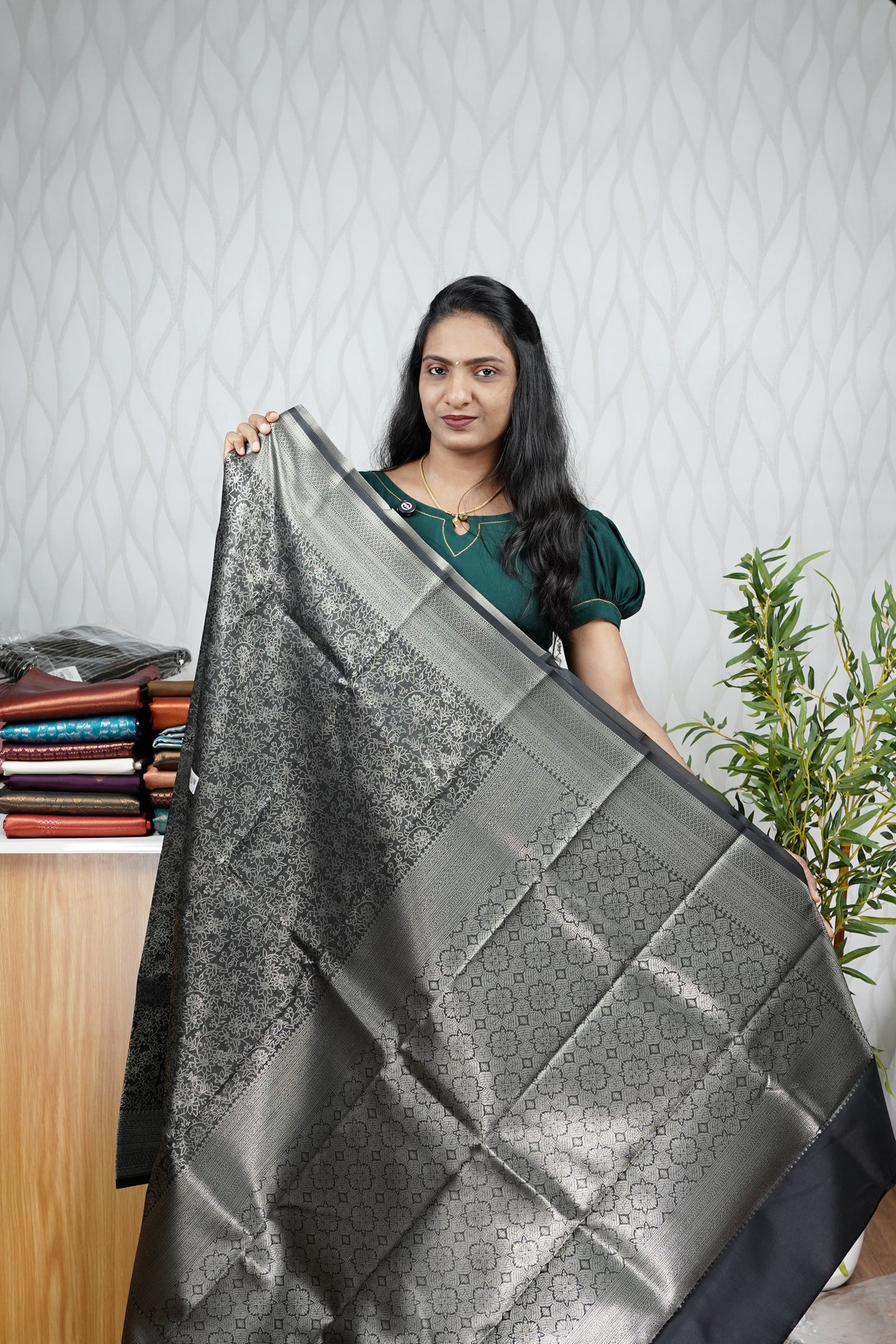 BLACK RICH BROCADE SEMI SILK SAREE