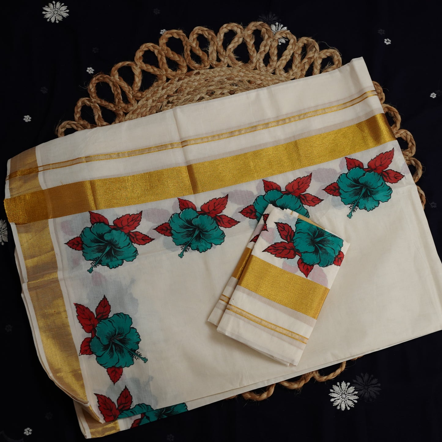 KERALA COTTON SET MUNDU CHEMPARUTY PRINT