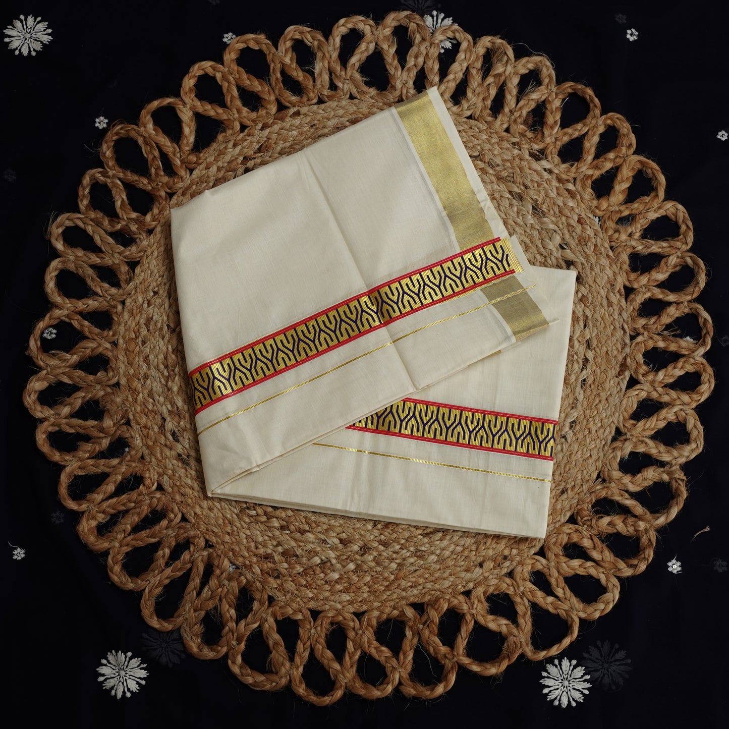 KERALA DOUBLE MUNDU CREEM KASAV FANCY PRINT