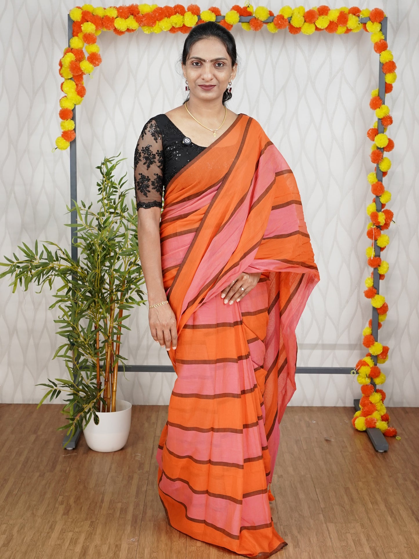 ORANGE AND PINK MUL COTTON SAREE
