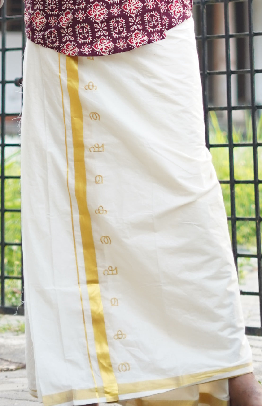DOUBLE MUNDU WITH MALAYALAM AKSHRAMALA EMROIDERY WORK