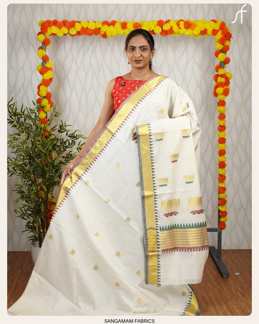 LOTUS AND TEMPLE BORDER DETAILED COTTON SET SAREE