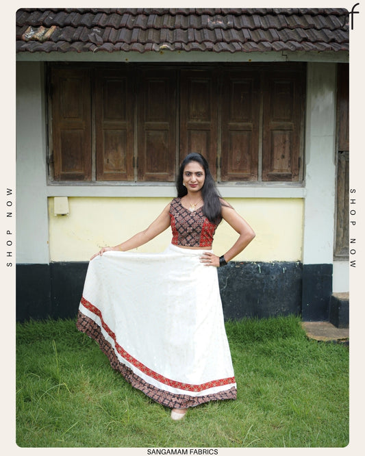 Ajrakh Detailed Top with Butta Worked Skirt – Festive Onam Look