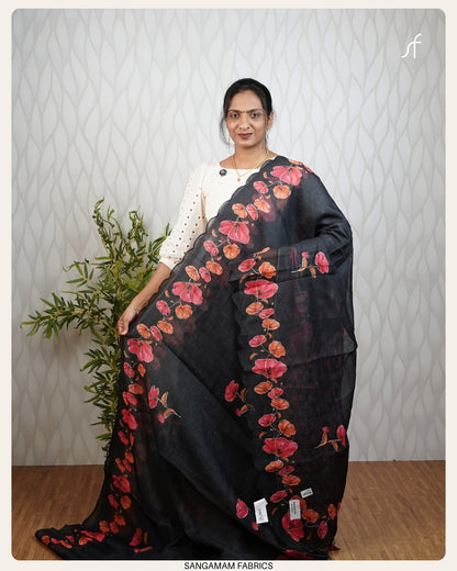 FLORAL PRINTED SEMI LINEN SAREE
