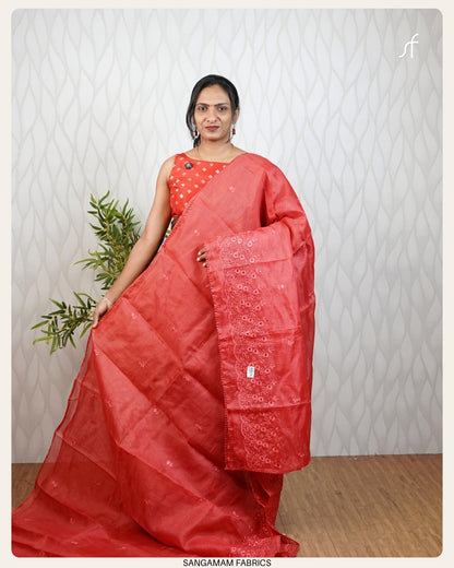 CUT WORK EMBROIDERY NET COTTA SAREE
